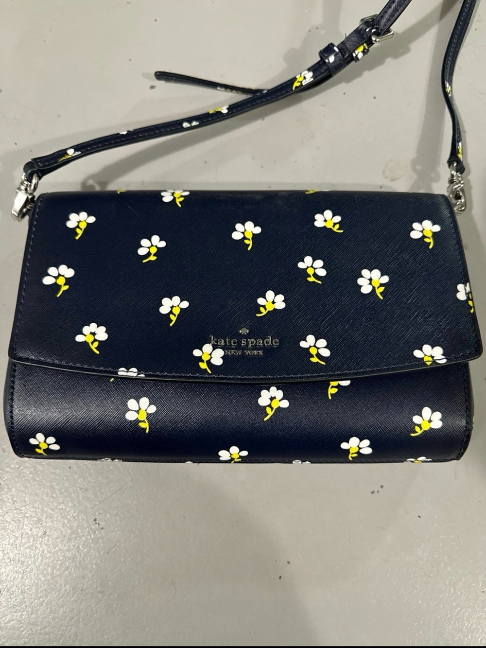 kate spade navy floral crossbody bag with white and yellow accents